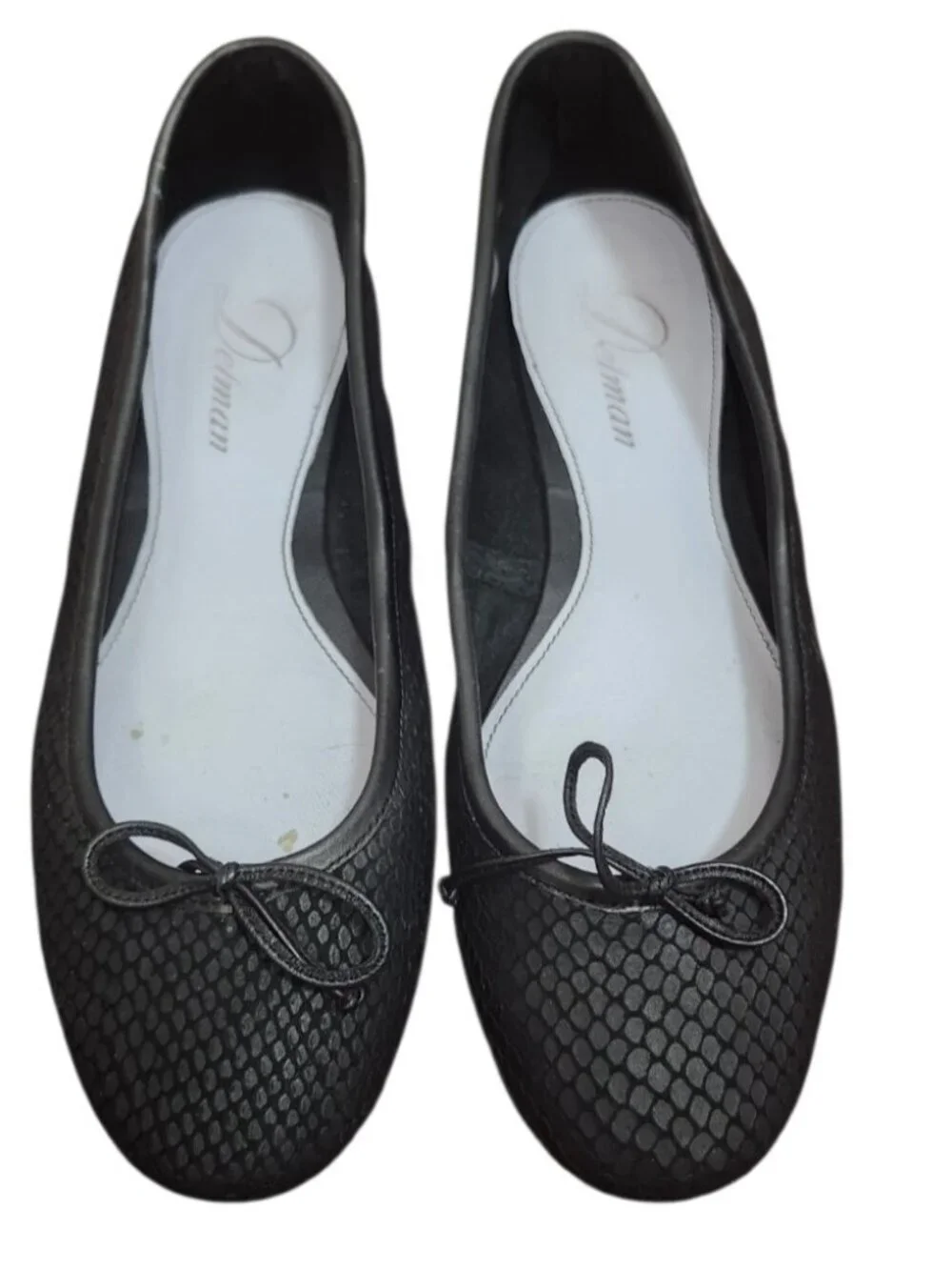 Delman Snake Embossed Black Leather Ballet Flats Womens US 7.5 Made in Italy Bow